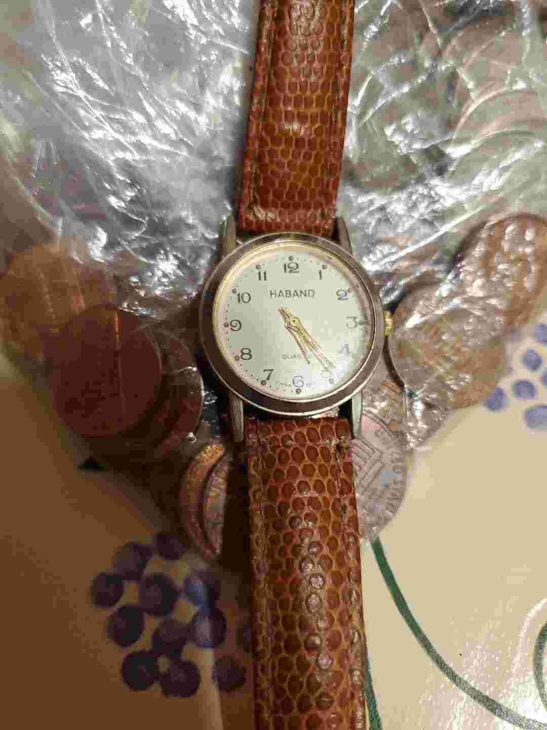 HABAND QUARTZ WOMENS WATCH Brown Leather Band Snakeskin Gold Case White Dial