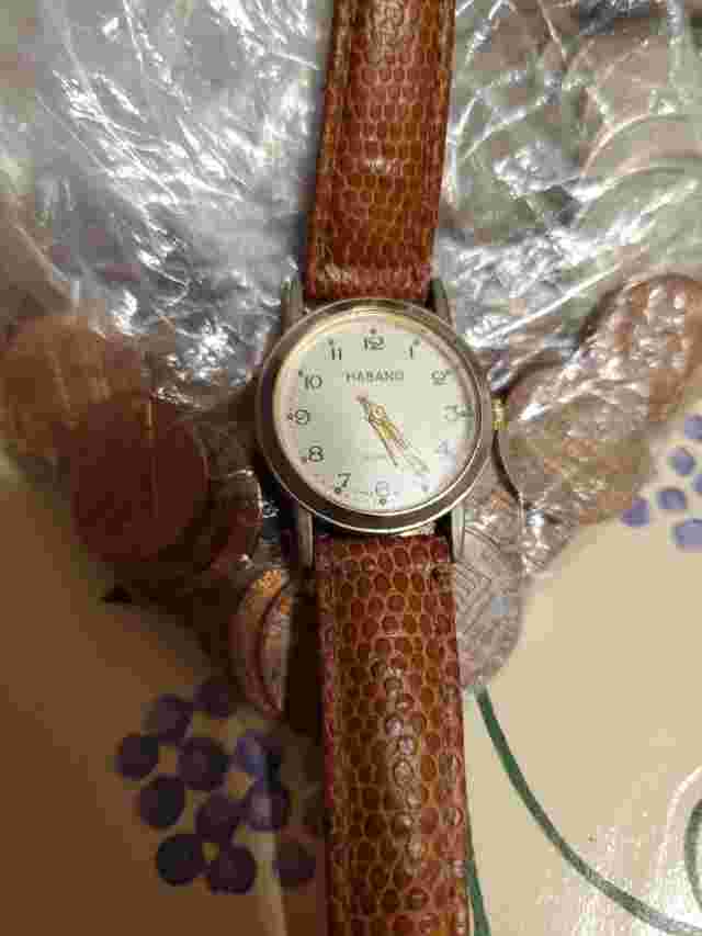 HABAND QUARTZ WOMENS WATCH Brown Leather Band Snakeskin Gold Case White Dial