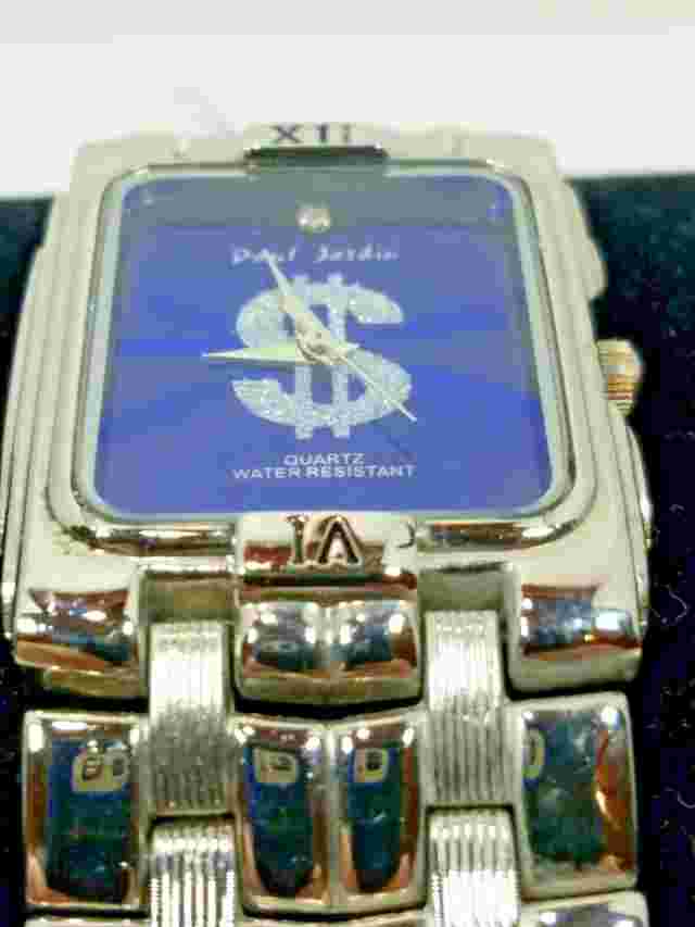 Paul Jardin Silver Toned Rectangle Face Rhinestone Blue Face Fashion Watch Tag