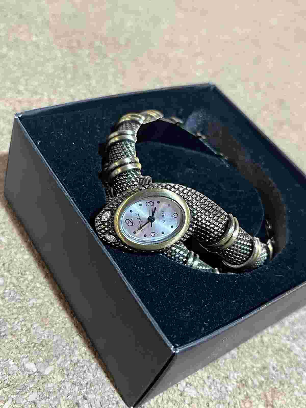 Kenneth Jay Lane Coiled SNAKE Diamond Eyes Stretch Reptile Bracelet Watch