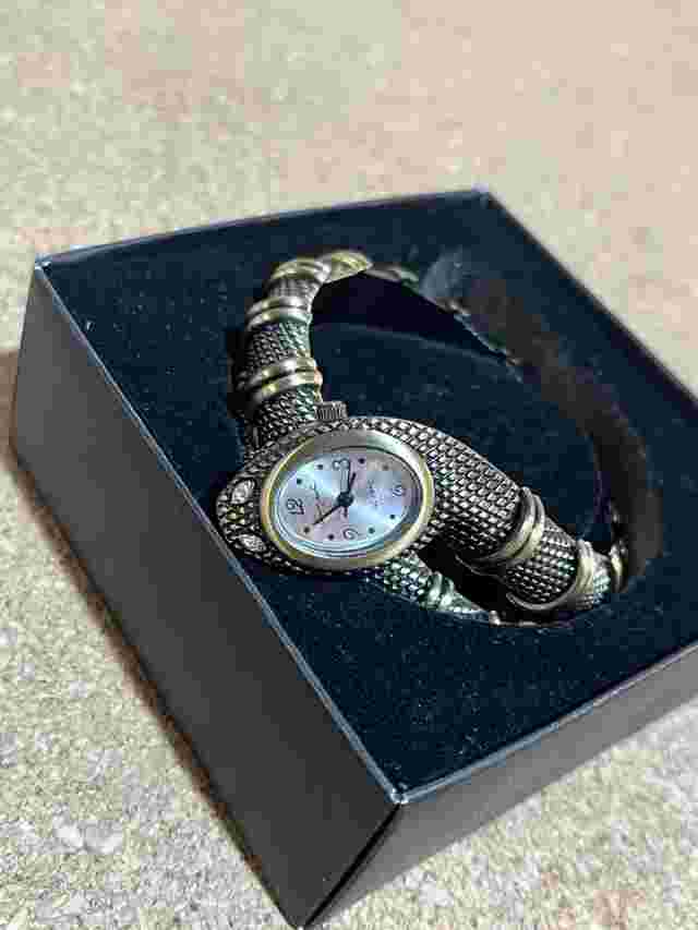 Kenneth Jay Lane Coiled SNAKE Diamond Eyes Stretch Reptile Bracelet Watch