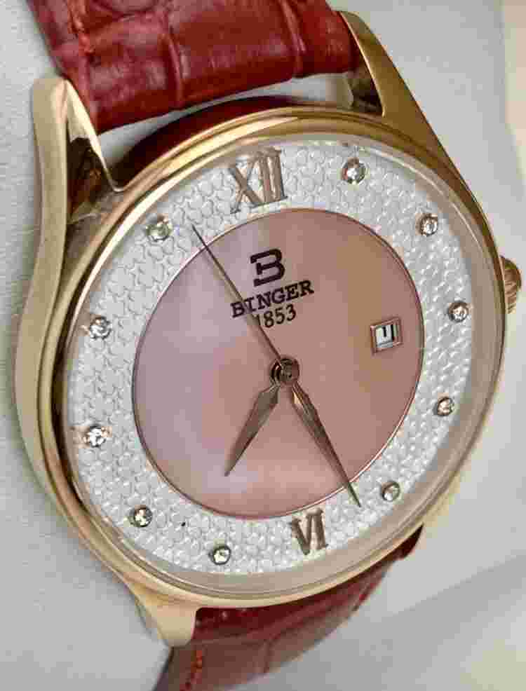 BINGER Women's 34mm Swiss Quartz Watch Gold Pink MOP Sapphire Crystal Red Strap