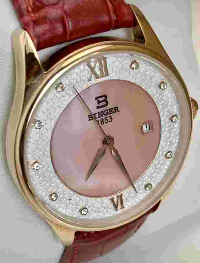 BINGER Women's 34mm Swiss Quartz Watch Gold Pink MOP Sapphire Crystal Red Strap