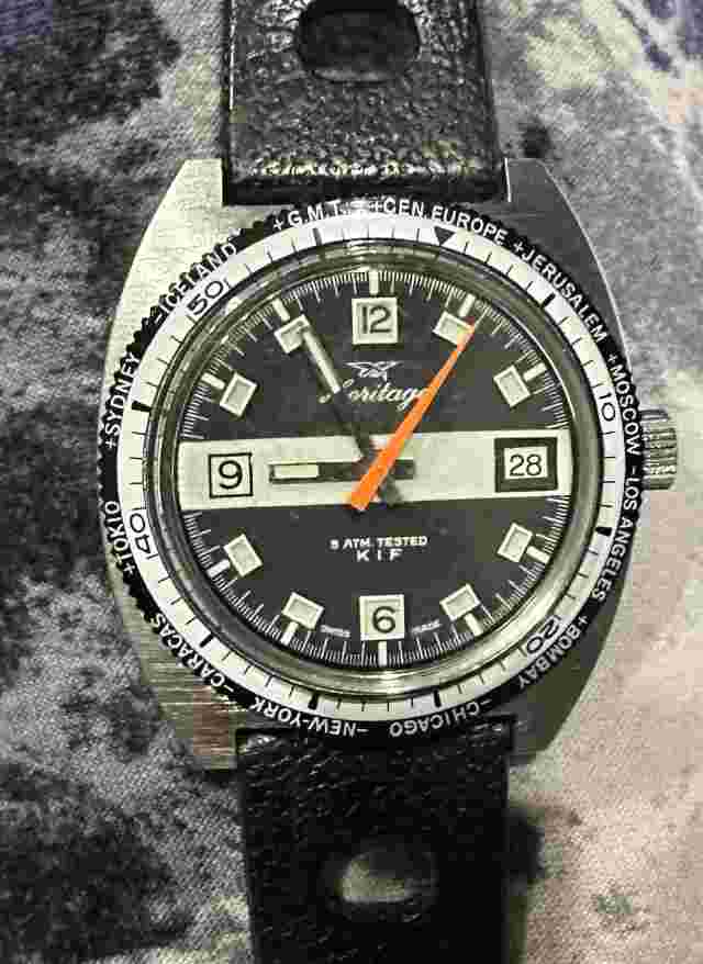 Vintage 70's American Heritage World Time Bezel 39mm Case Skin Diver Watch