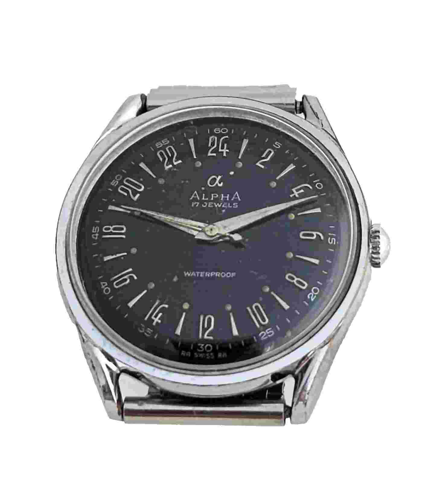 Alpha 24-Hour Dial 17J Manual-Wind Stainless Steel Watch, Slightly Used