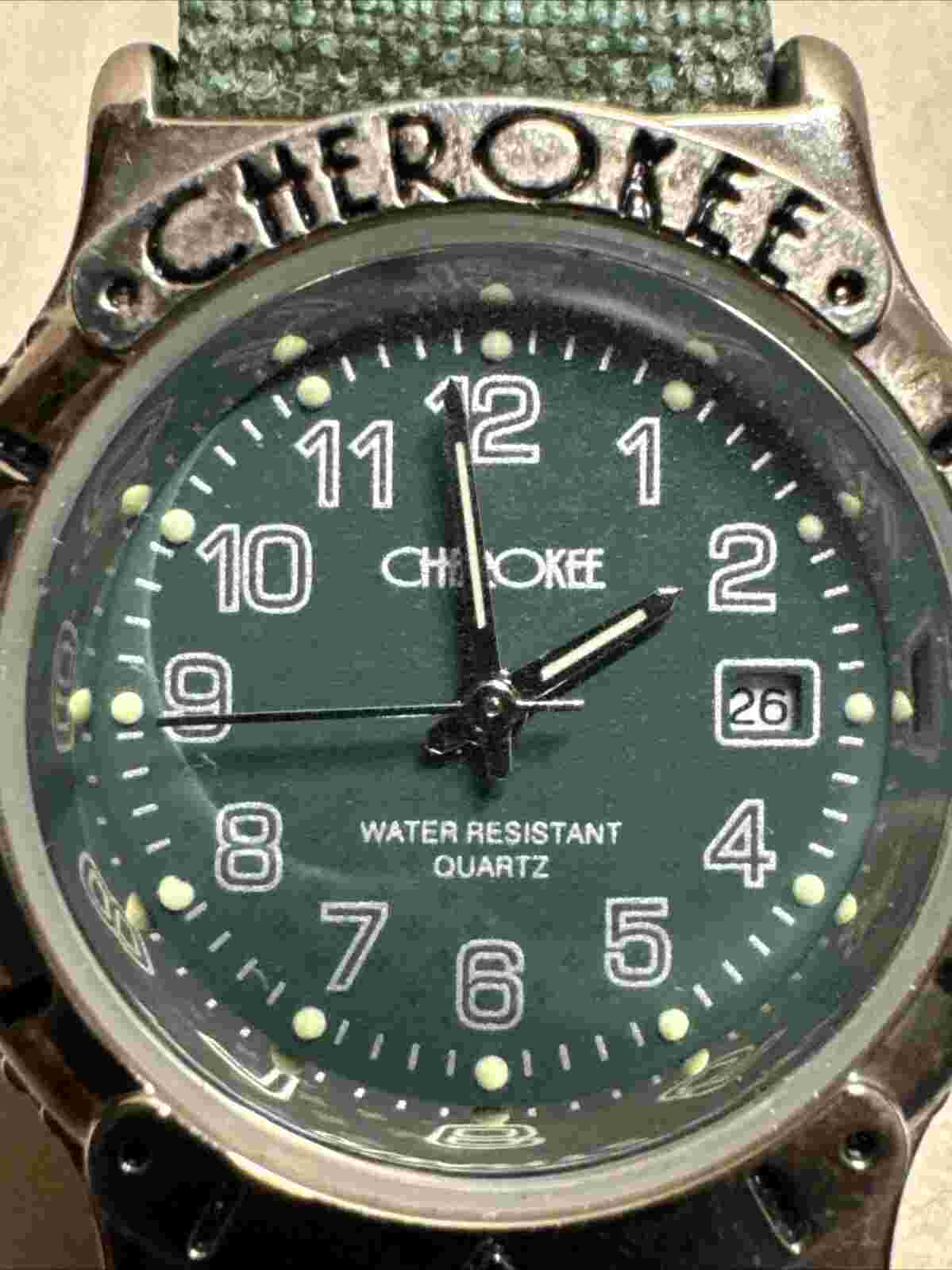 Vintage Cherokee Watch Green Day Date Water Resist Quartz - New Battery/Working
