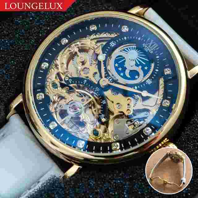 Mens Gold Dual Time Flywheel Automatic Mechanical Watch Black White Leather Band