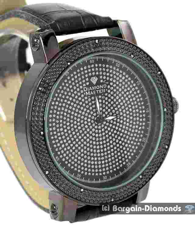 Mens 60 mm Black Natural Diamond Black-White CZ Dial Clubbing Watch  9"-10.5"