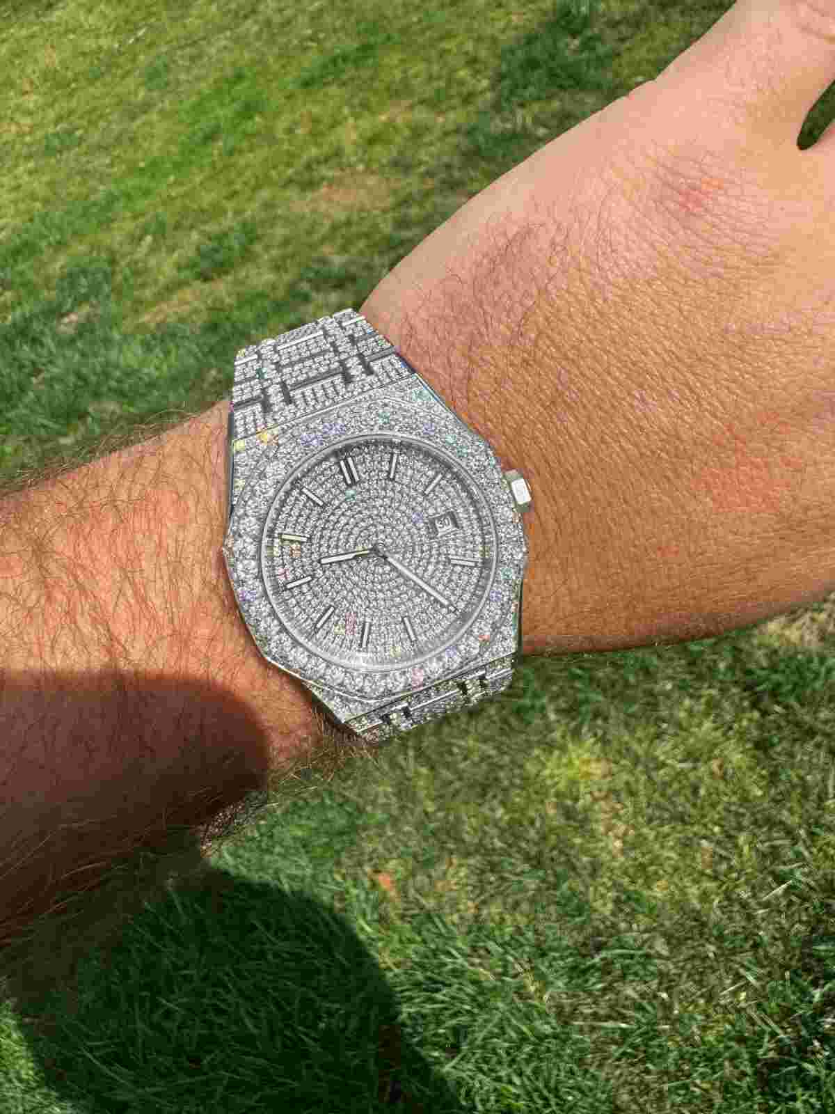 Real MOISSANITE Mens Watch Iced Large Stones No ID Hip Hop Passes Diamond Tester