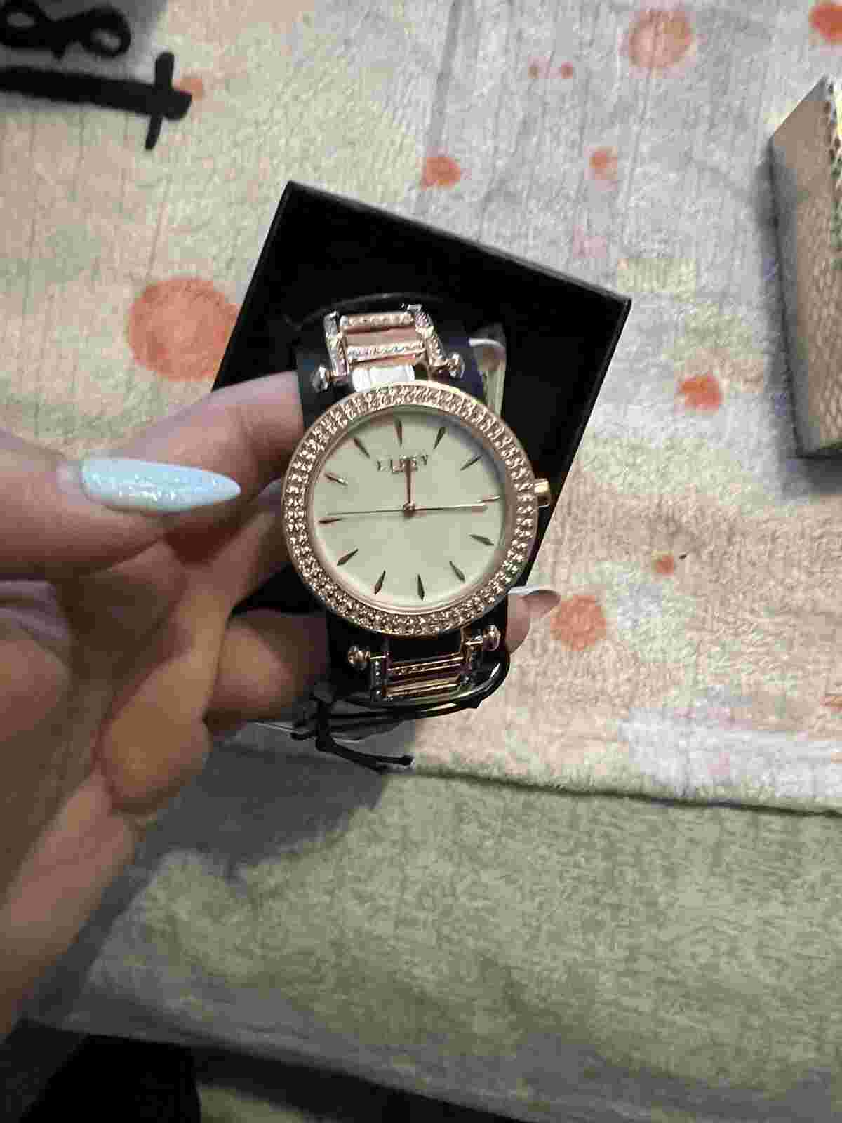 Lipsy gold link watch with gems on dial and sides