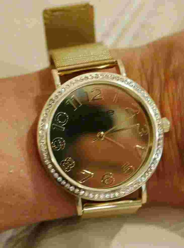NEW WITH BOX WOMEN'S BEBE YELLOW GOLD  WATCH RHINESTONES  BUCKLE LARGE NUMBERS