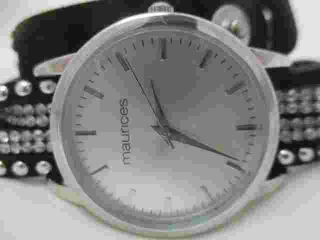 Maurices Analog Watch Black Wrap Around Band Rhinestones Round Silver Tone Face