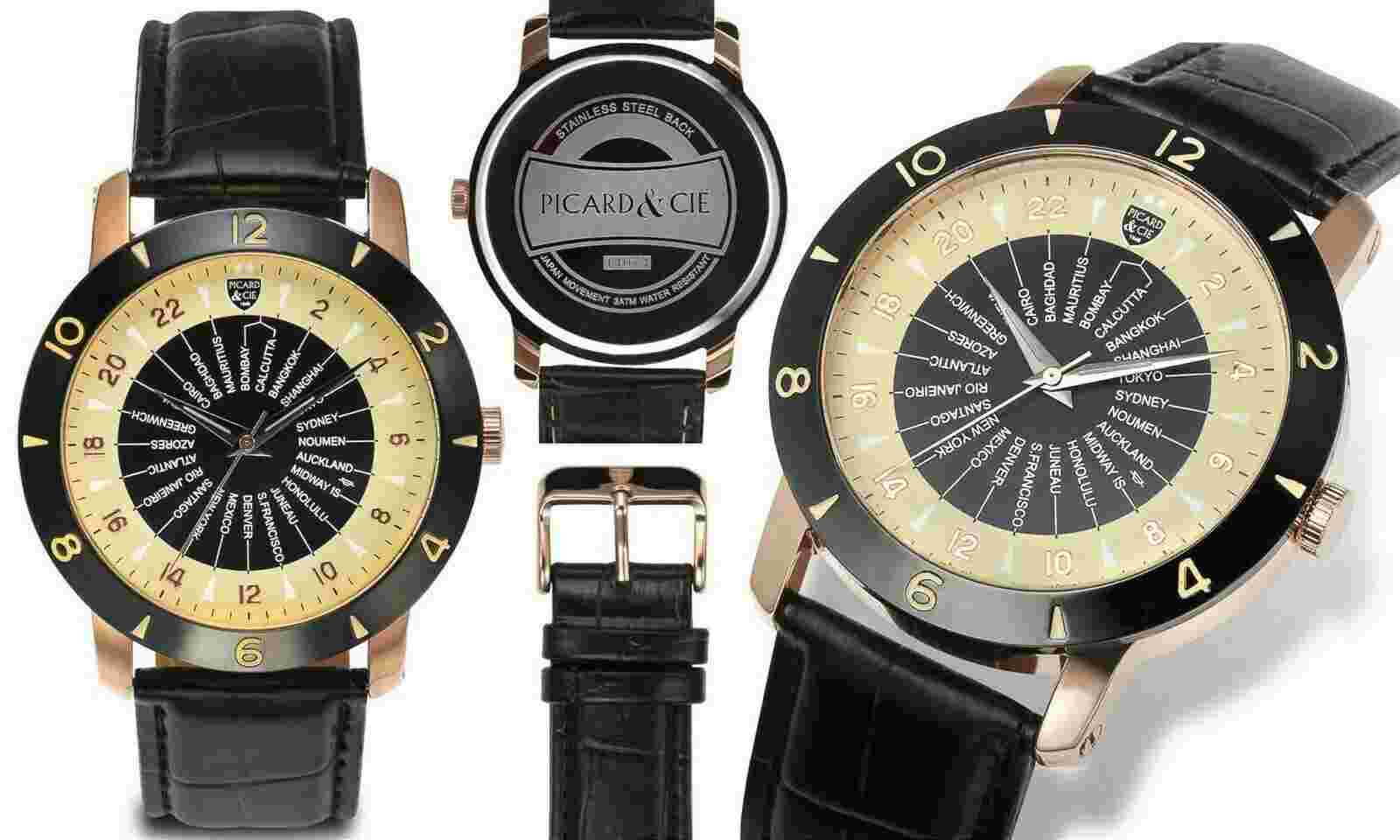 Picard & Cie 14074 Men's Jet Setter Black & Beige Dial Rose Gold Case Watch