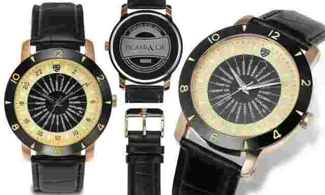 Picard & Cie 14074 Men's Jet Setter Black & Beige Dial Rose Gold Case Watch