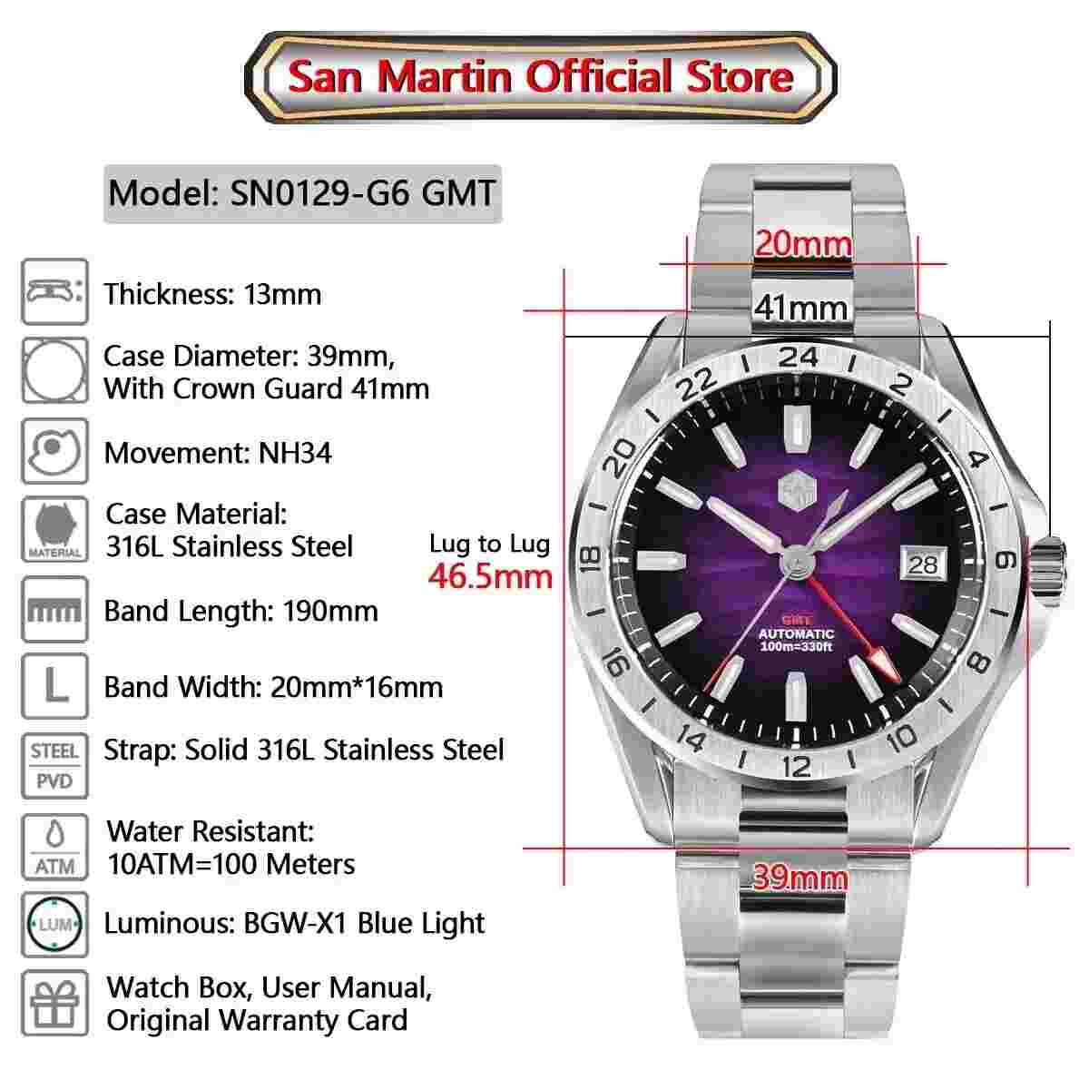 New 2024 San Martin Purple Sand GMT Watch 39mm Automatic Steel 100M Seiko NH34