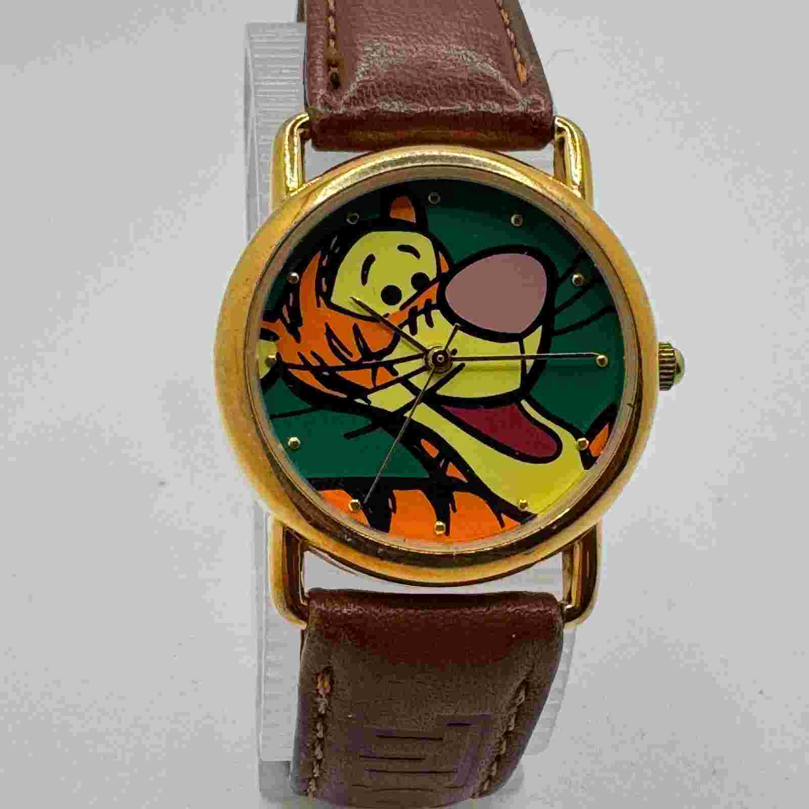 Vintage Disney Quartz Watch Unisex Gold Tone Tigger Dial Leather New Battery