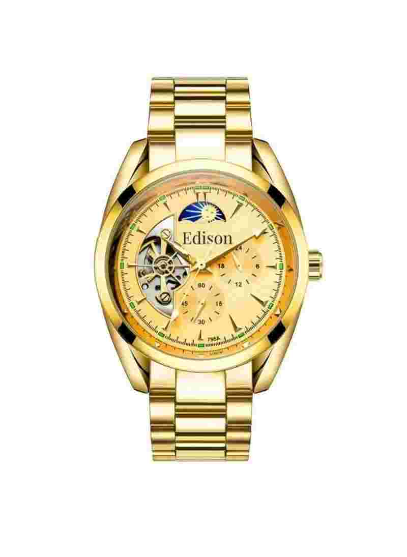 MENS EDISON AUTOMATIC WATCH MOONPHASE GOLD COLOUR STAINLESS STEEL