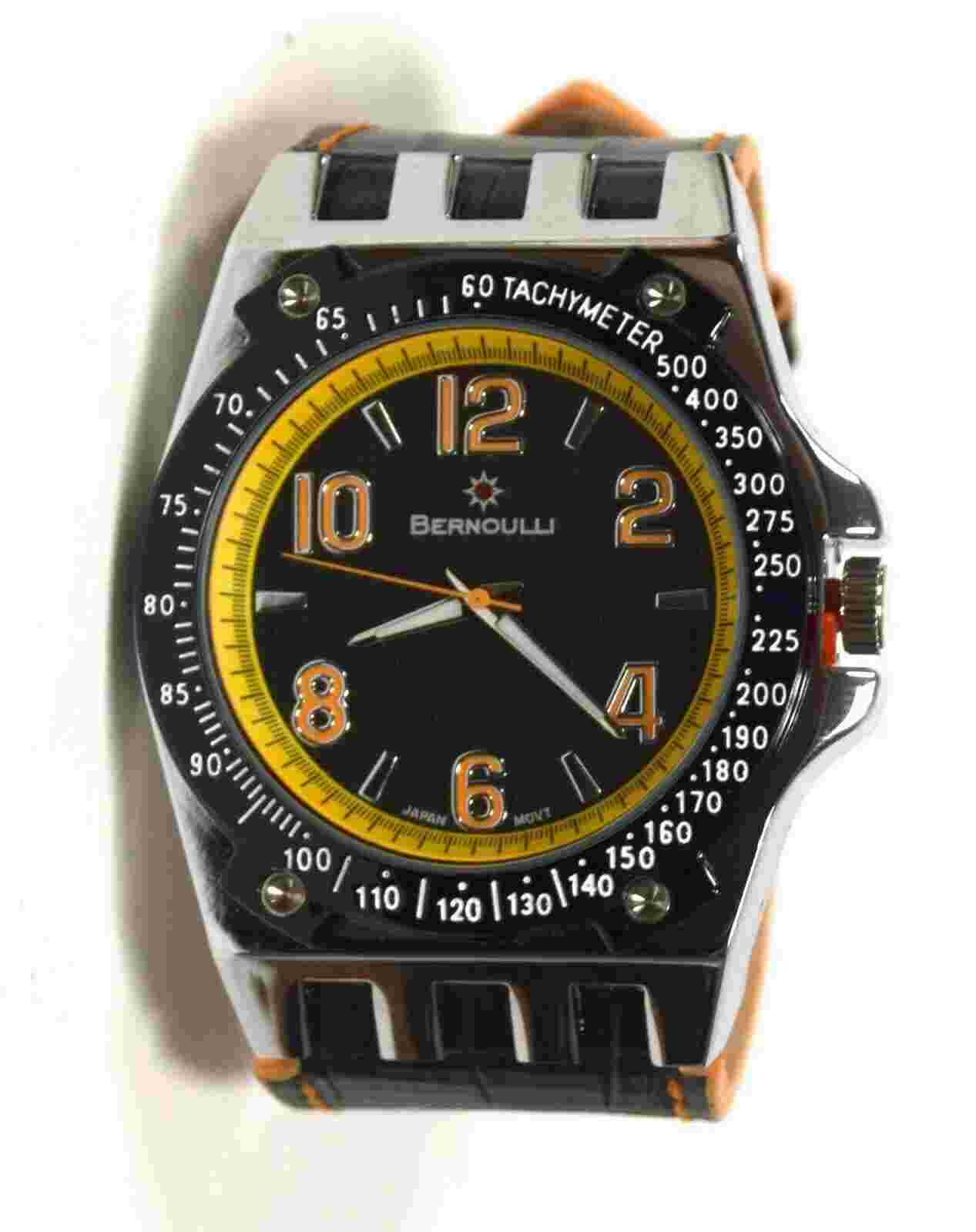 NEW Bernoulli 9724 Mens Polaris Texture Dial Wide Black Band Orange Accent Watch