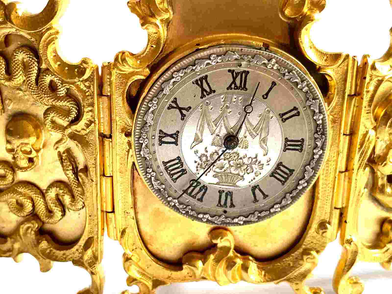 Antique Rare Memento Mori Skulls Bronze Gilded Desk Screen Fusee Watch