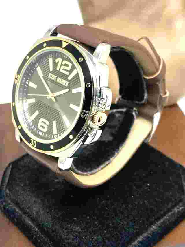 Steve Madden Men's Watch SM-9132TT Quartz Black Dial Brown Leather Band 45mm