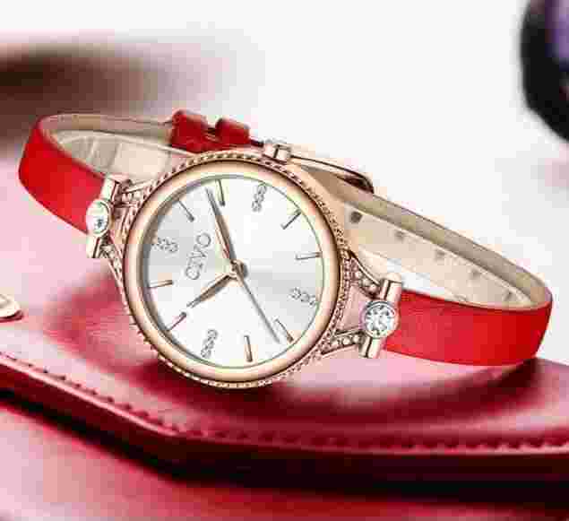 Civo Womens Quartz Leather Band Red Watch