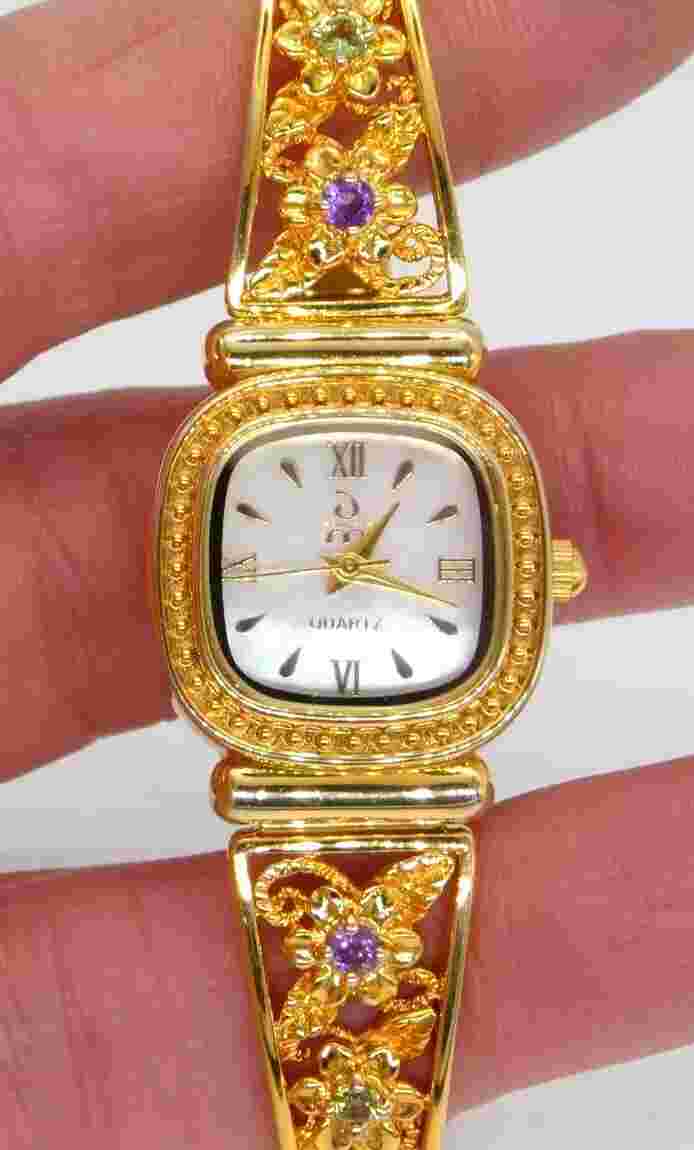 Danbury Mint Floral Stretch 18ct Gold Plated Watch With Amethysts & Peridot MOP