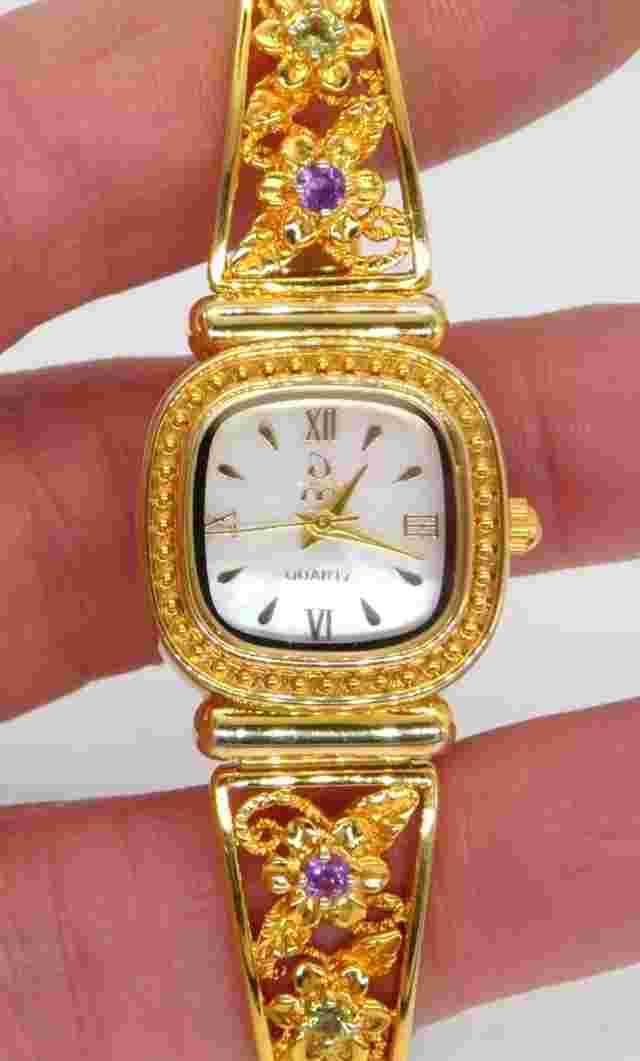 Danbury Mint Floral Stretch 18ct Gold Plated Watch With Amethysts & Peridot MOP