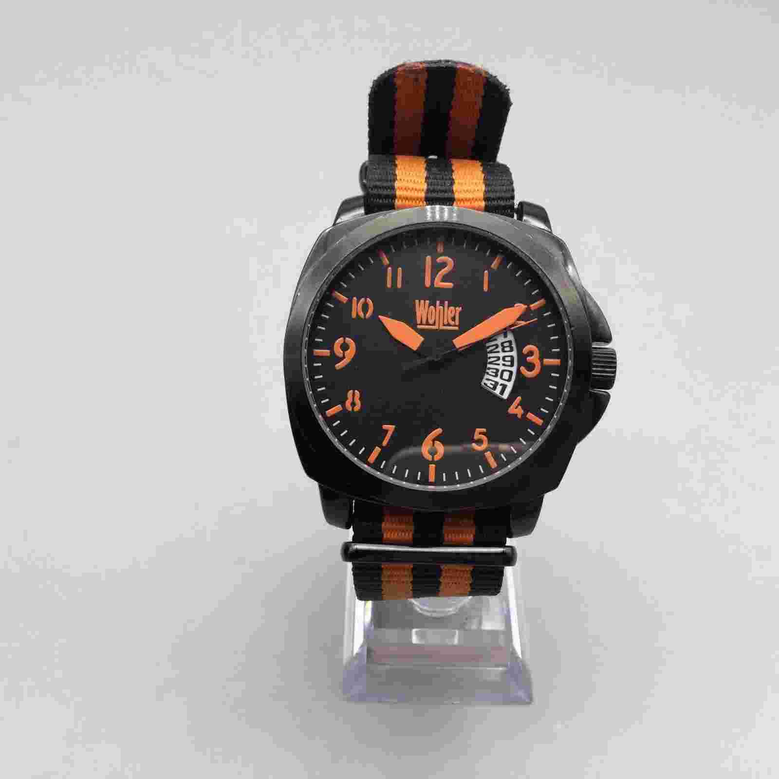 Wohler Watch Men 46mm Black Orange Date One Piece Nylon Band New Battery