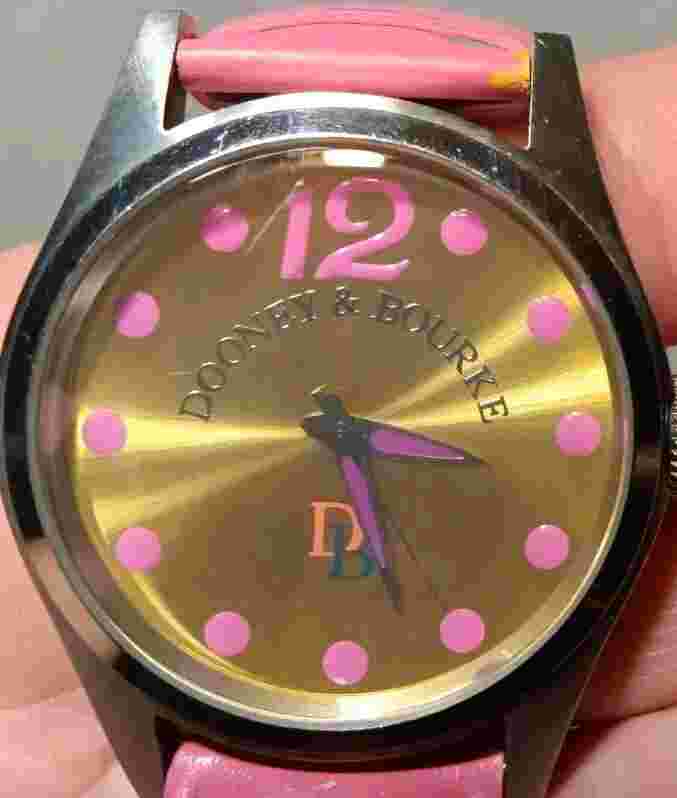 Dooney and Bourke Wristwatch Hot Pink on Gold Watch Leather Band Needs Batteries