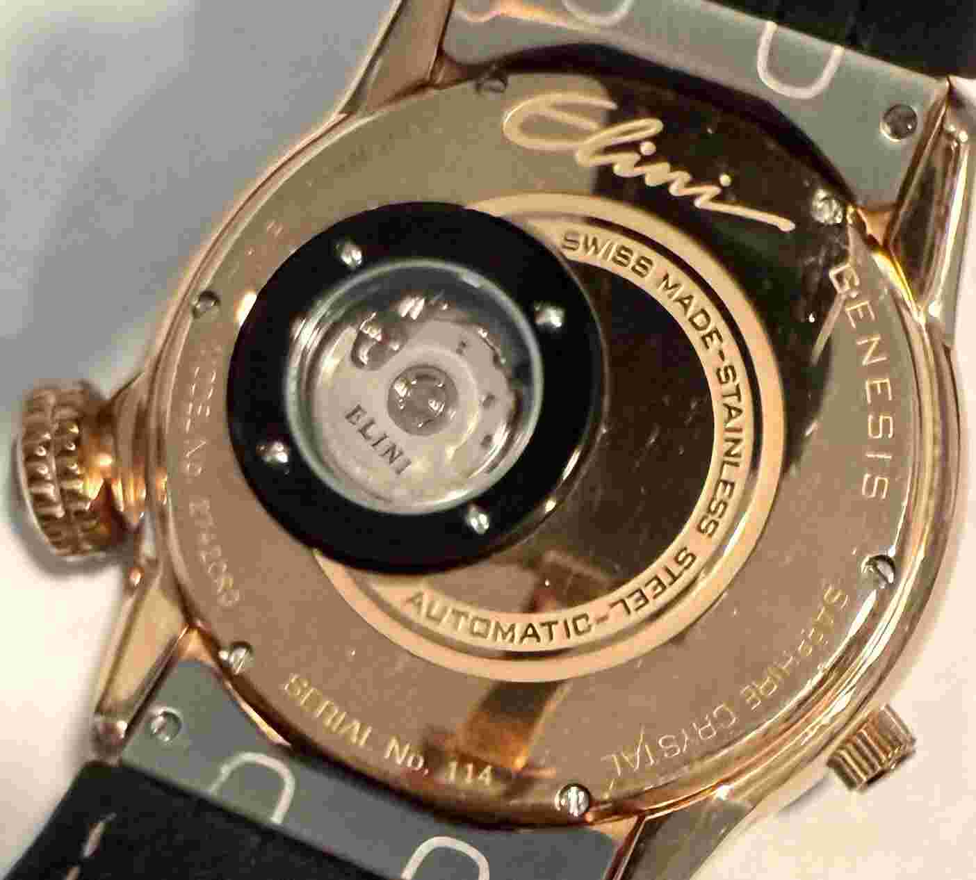46mm Auto Swiss Made 25J GENESIS DUAL TIME Black/Rosetone ELINI Mens Watch
