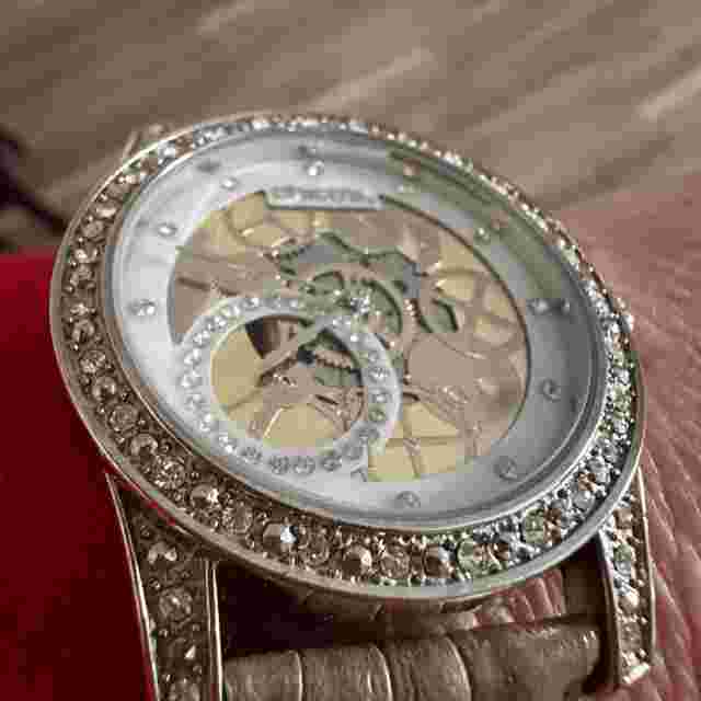 Chico’s Large Face Embossed Genuine Leather Band Rhinestone Watch Silvertone