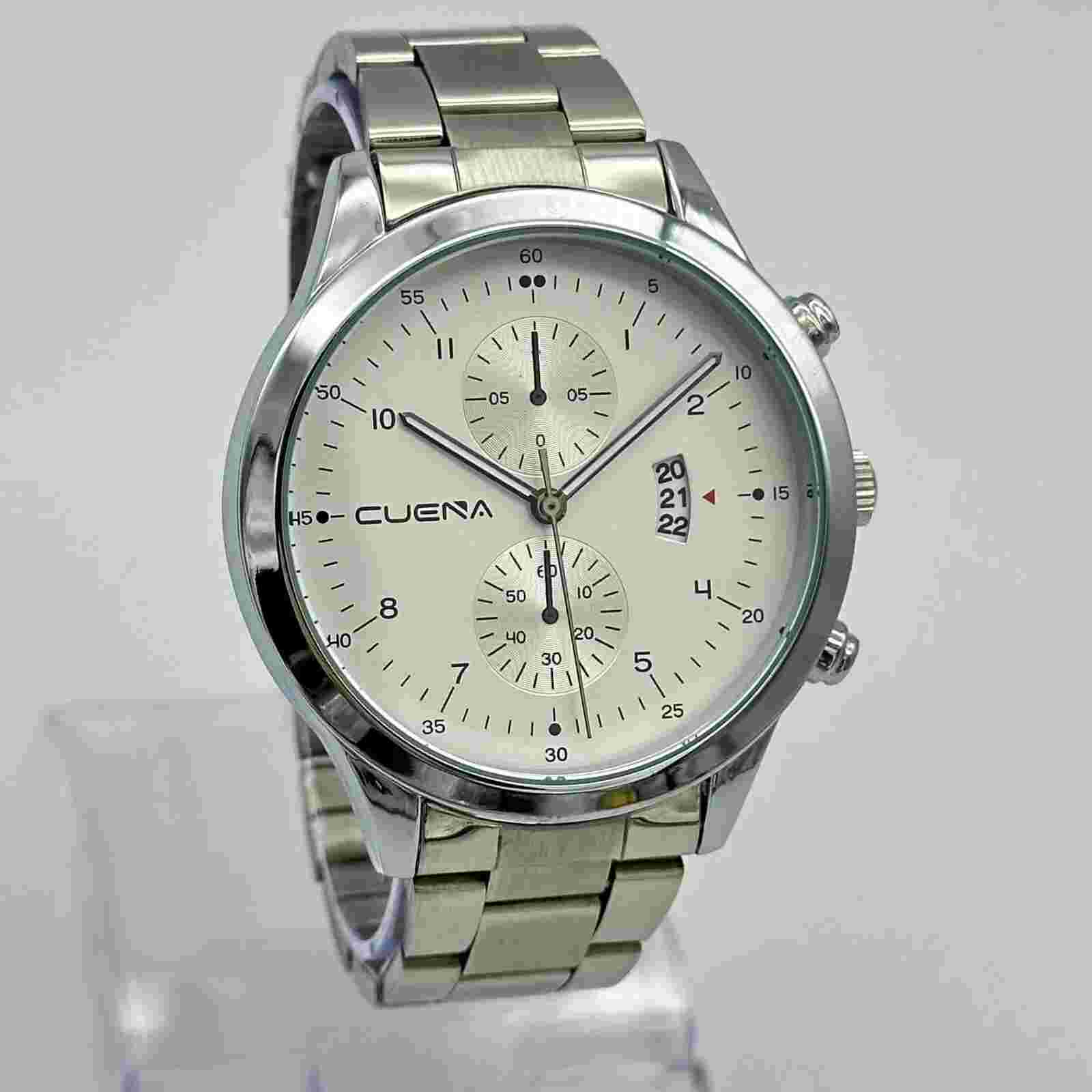 Men's CUENA Classic Silver Tone Dress/Casual Steel Bracelet Watch, Date, 43mm