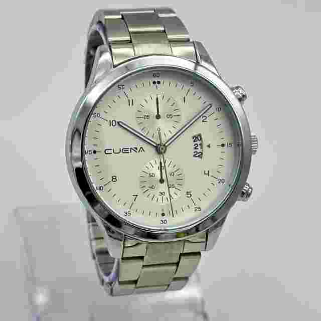 Men's CUENA Classic Silver Tone Dress/Casual Steel Bracelet Watch, Date, 43mm
