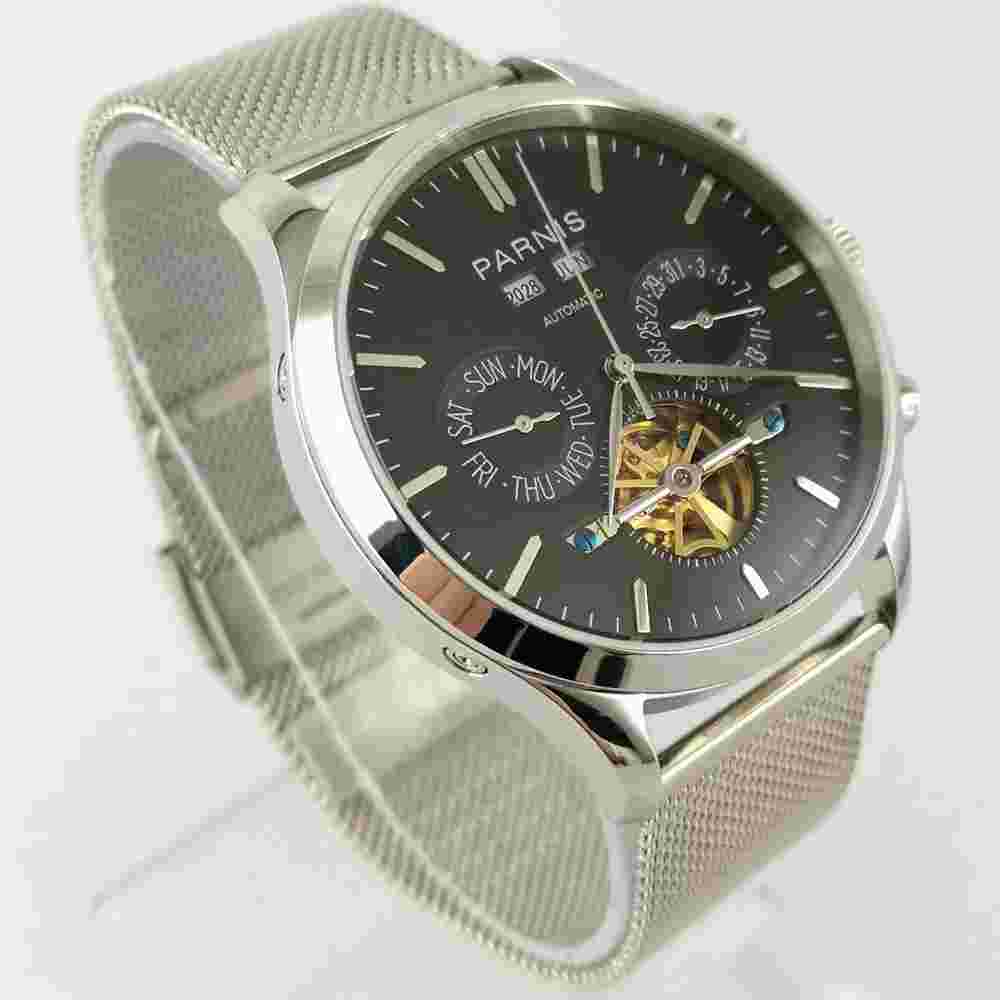 Parnis 43mm Black Dial Stainless steel Strap  Case Sliver Automatic Mens Watches