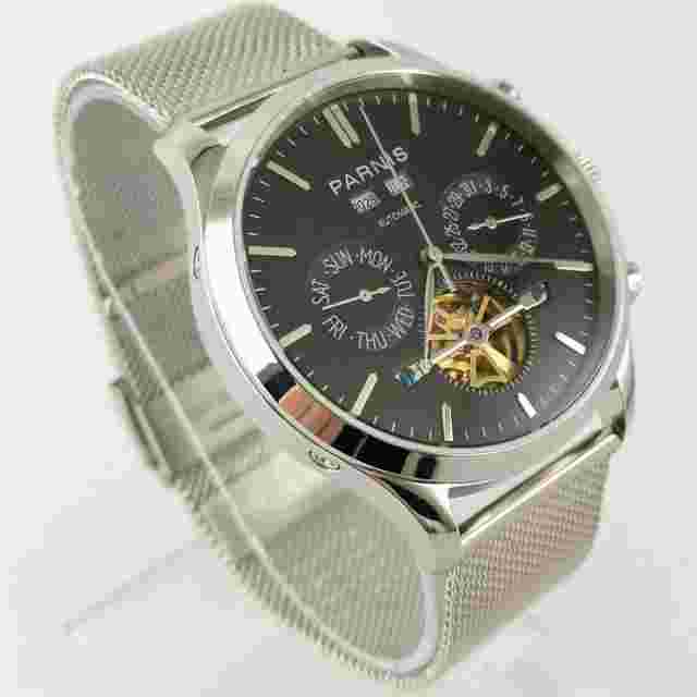 Parnis 43mm Black Dial Stainless steel Strap  Case Sliver Automatic Mens Watches