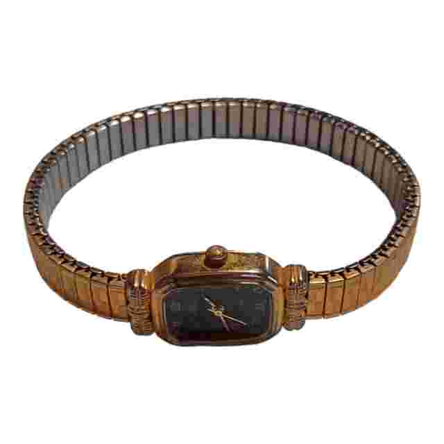 Vintage Sarah Coventry Plus Stretch Band Bezel Gold Tone Stainless Steel Watch