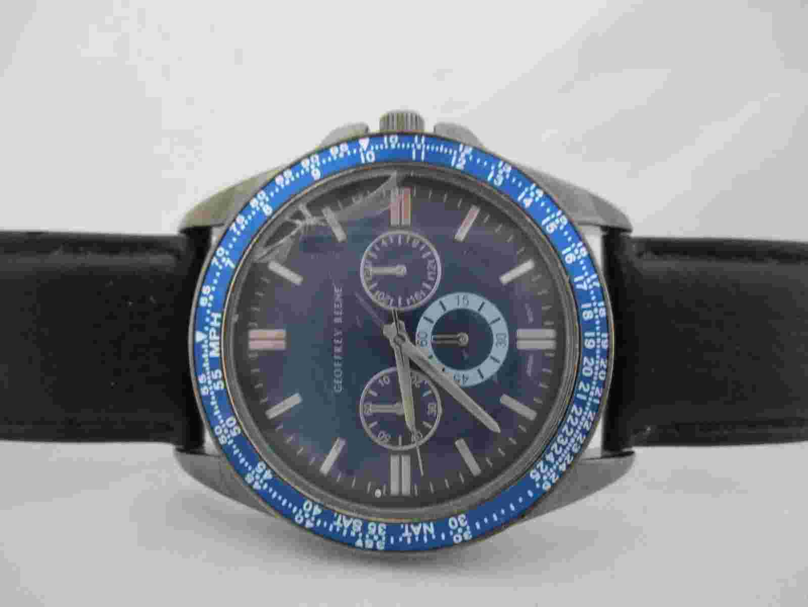 Geoffrey Beene Analog Watch Silver Tone Face Black Buckle Band Round Blue Face