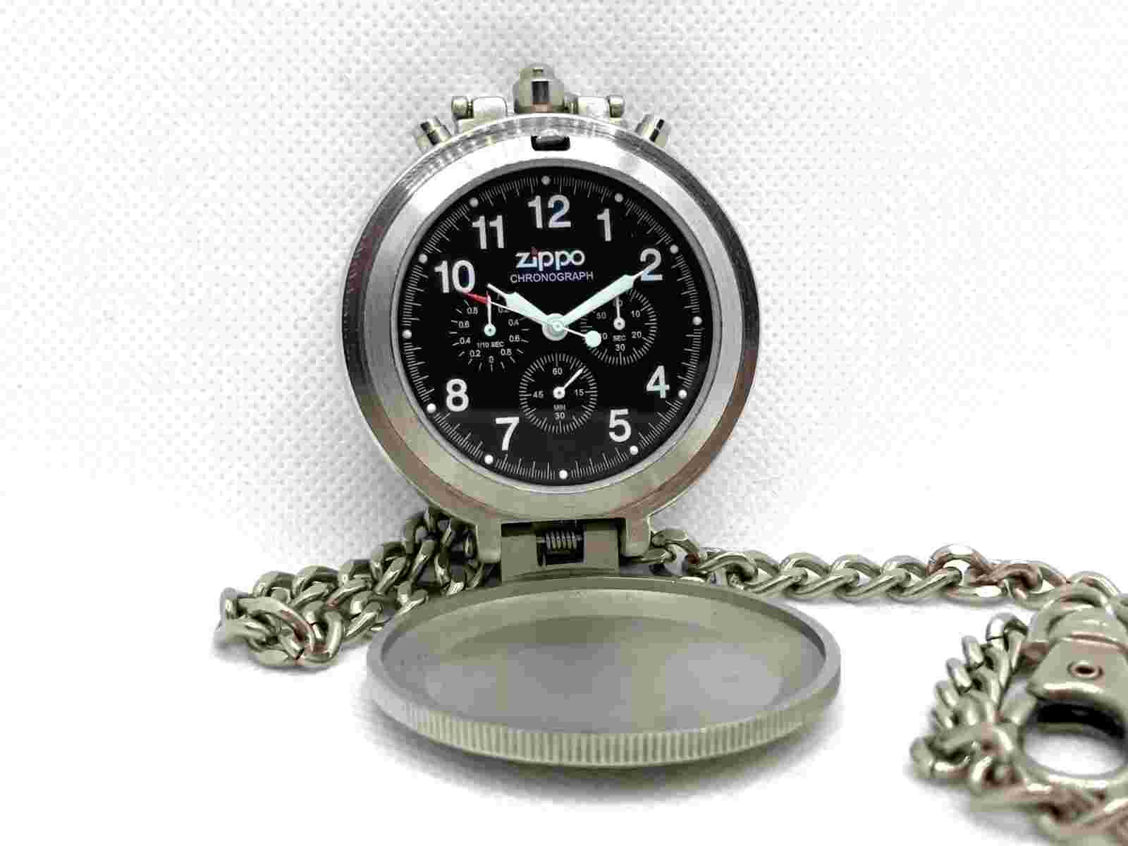 Auth ZIPPO 2001 Limited Edition Chronograph Chain Pocket Watch Black Dial WX-67