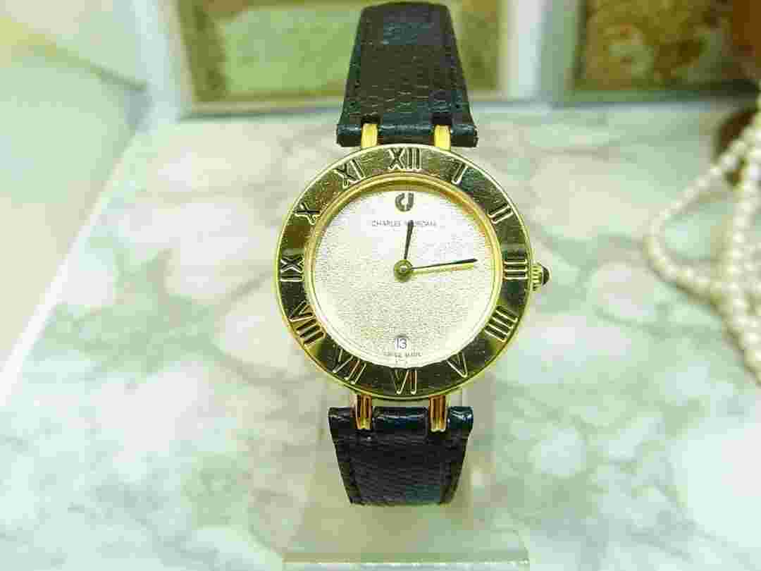 Charles Jourdan SWISS MADE Ladies Watch Analog Quartz Gold Black Leather Belt