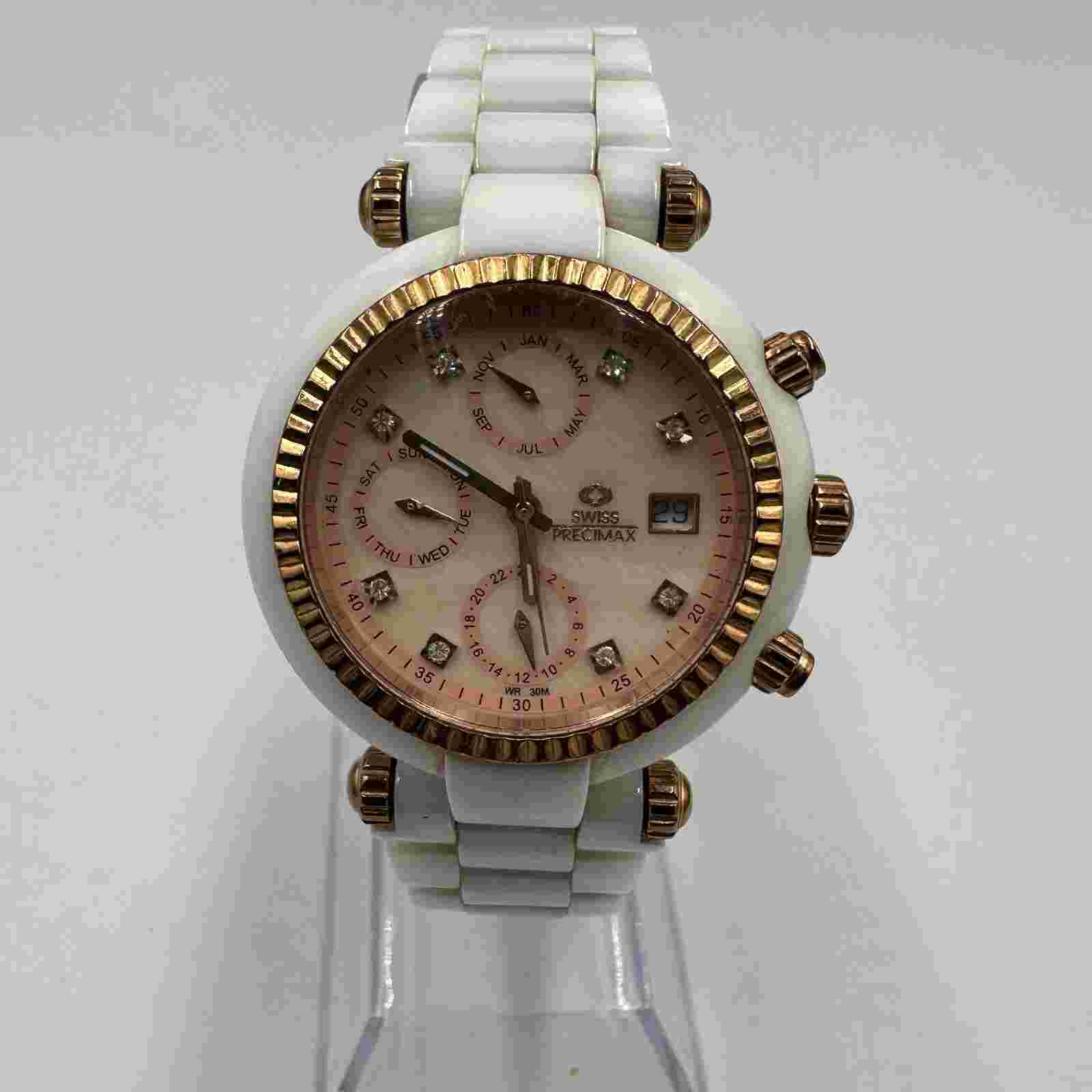 Swiss Precimax Watch Women Rose Gold White Ceramic Band Date Window Works 8"