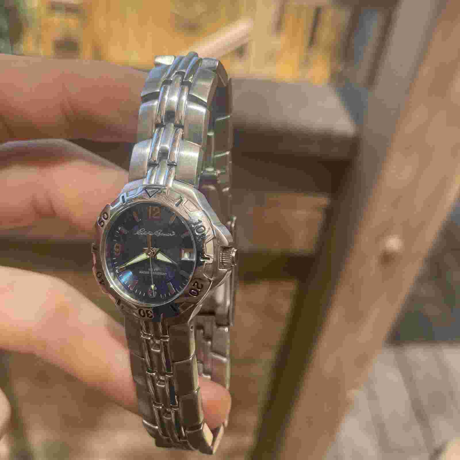 Eddie Bauer Saphire Silver Water Resistant Womens Watch Day Date New Battery