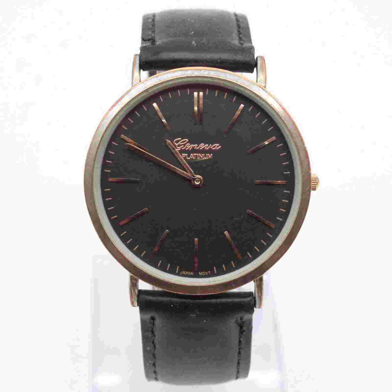 GENEVA Platinum Watch Unisex Silver Tone Stainless Steel Black Leather Band