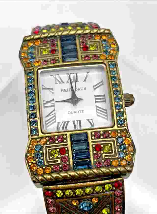 HEIDI DAUS "Timeless Timepiece" Art Deco Bronzetone Crystal Hinged Cuff Watch