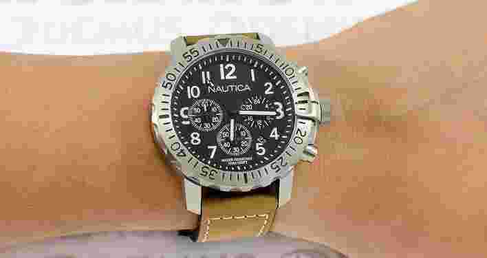 Men's Nautica NAI18506G Chronograph Watch Steel Leather