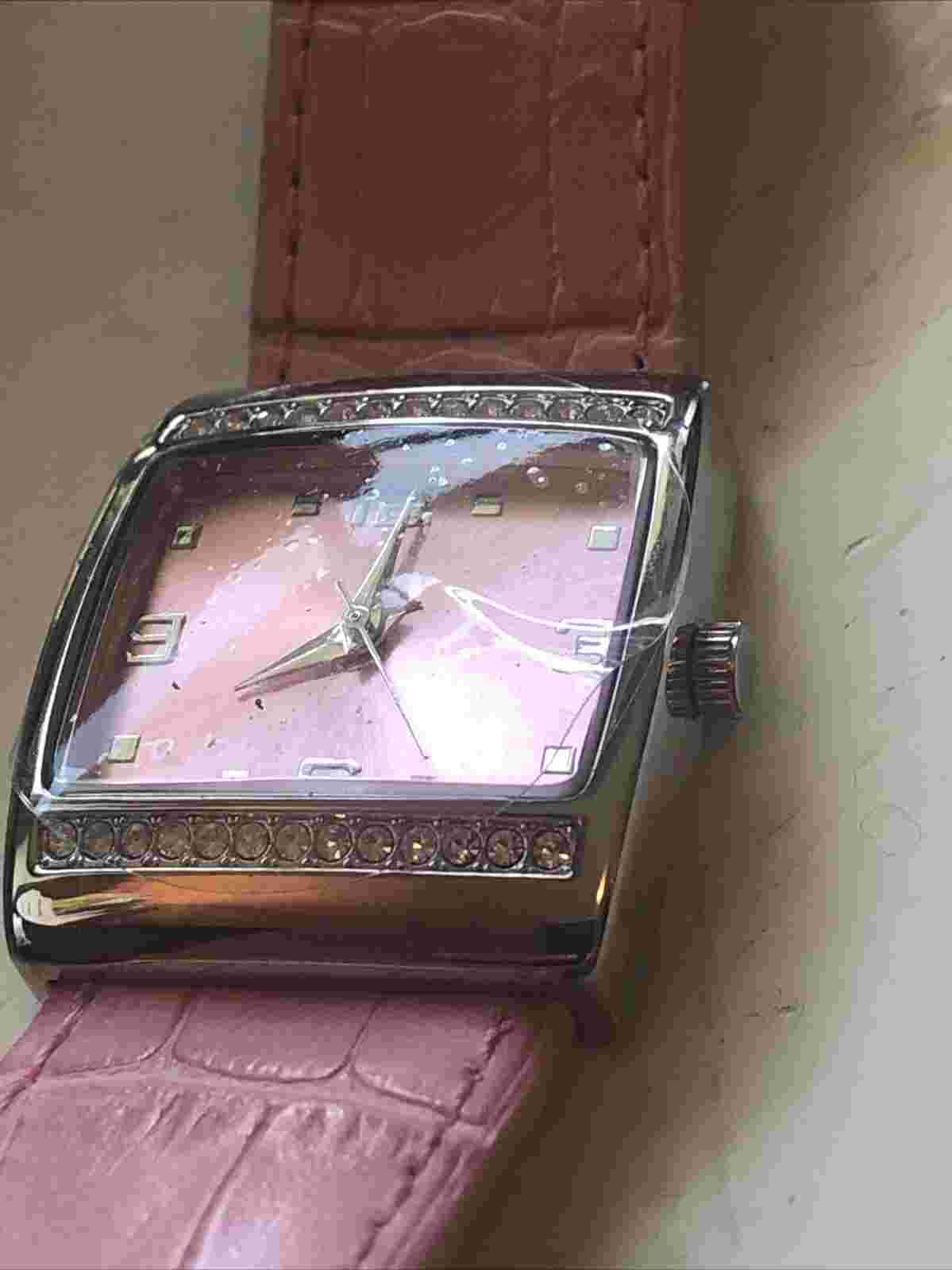 Mary Kay Womans Pink Dial Crystal Accent Silver Tone Case Pink Band Watch
