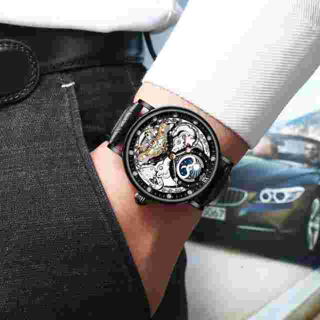 Kinyued Mechanical Automatic Skeleton Leather Luxury Moon Waterproof Diver Watch