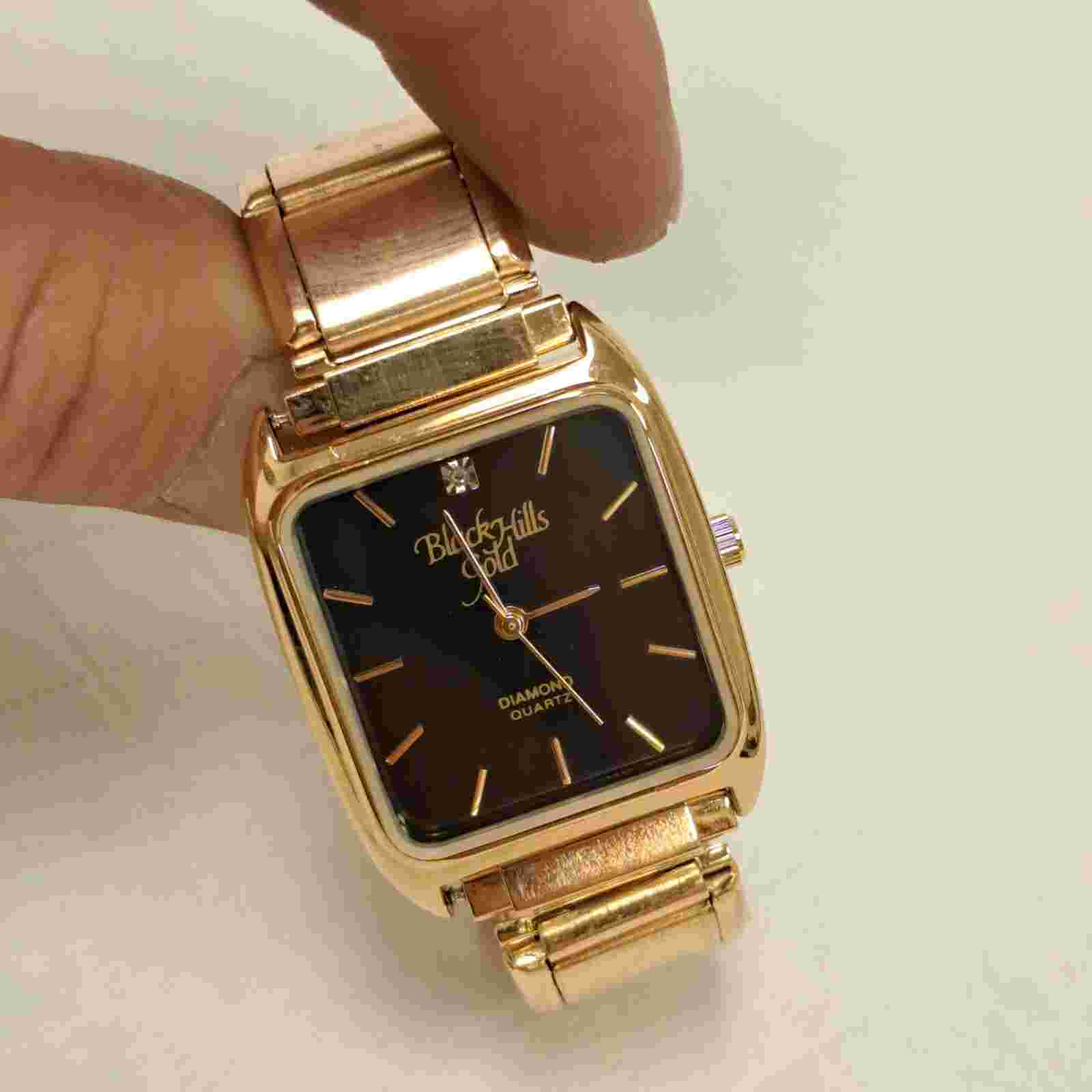 Black Hills Gold Tone Quartz Diamond Watch Black Dial Elegant