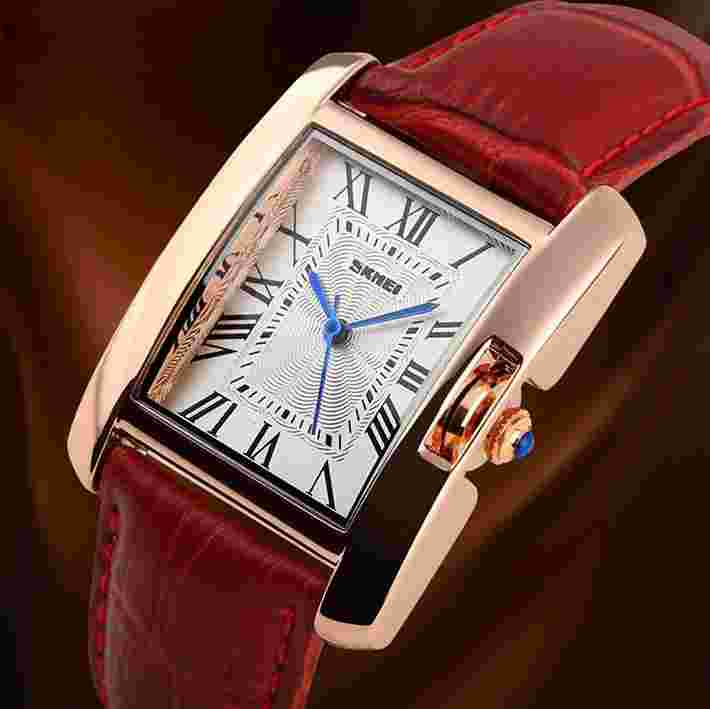 SKMEI Classic Gold Steel Rectangular Roman Numbers Leather Strap Watch