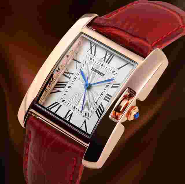 SKMEI Classic Gold Steel Rectangular Roman Numbers Leather Strap Watch