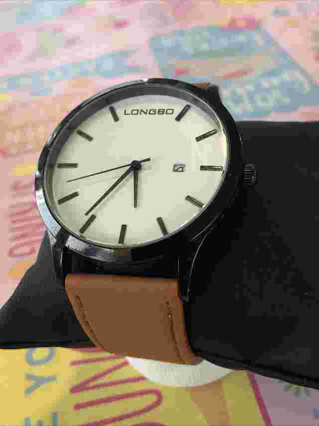 Longbo Black Men’s Watch Day Indicator Back Leather Strap
